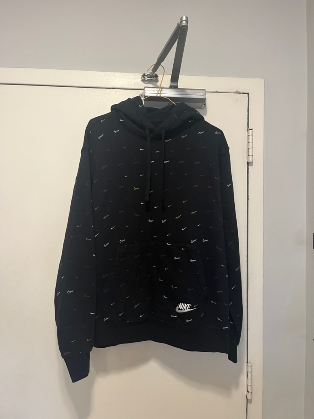 Retro Nike Black Hoodie with Multicolor Mini Swooshes